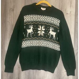 Dockers Mens M Christmas Sweater Green Reindeer Snowflake Fair Isle 100% Cotton